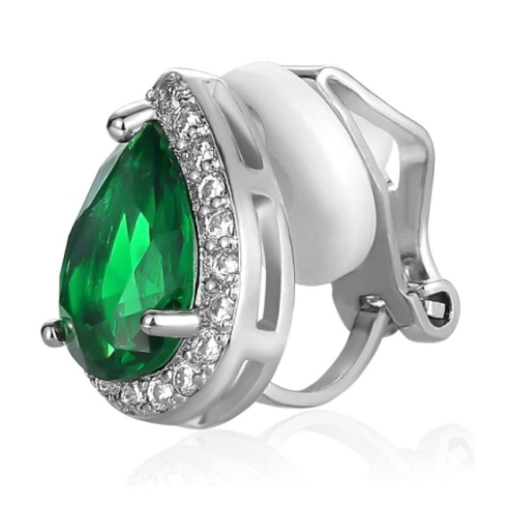 Silver with Emerald and Diamond Cubic Zirconia Teardrop Stud Clip On Earrings - Picture 2 of 5